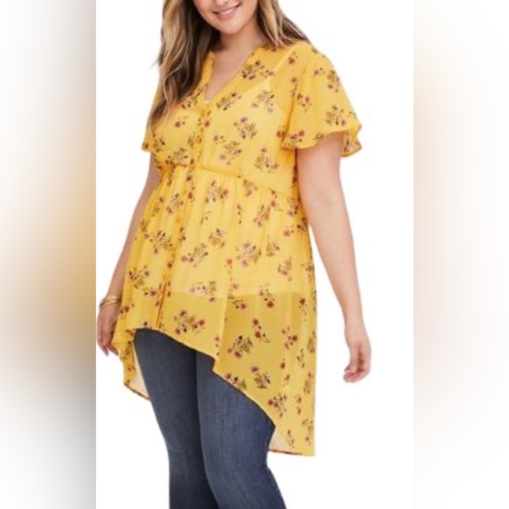 Torrid Yellow Floral Short Sleeved Chiffon Spring Summer Plus-Size Tunic Size 0X